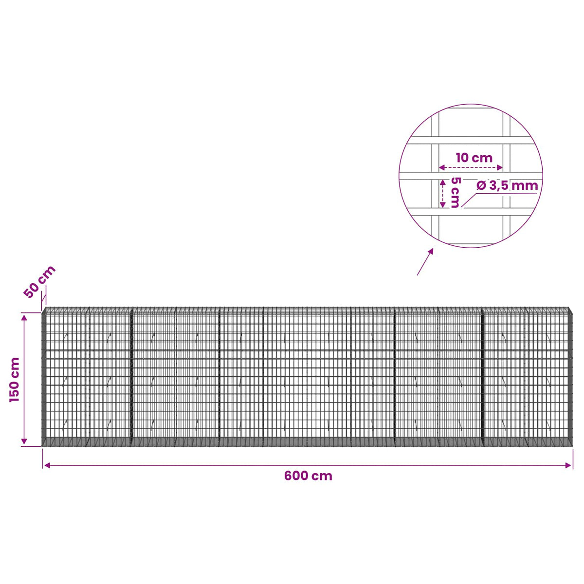 vidaXL Gabion z drutu 3,5 mm i siatką 5x10 cm 600x50x150 cm