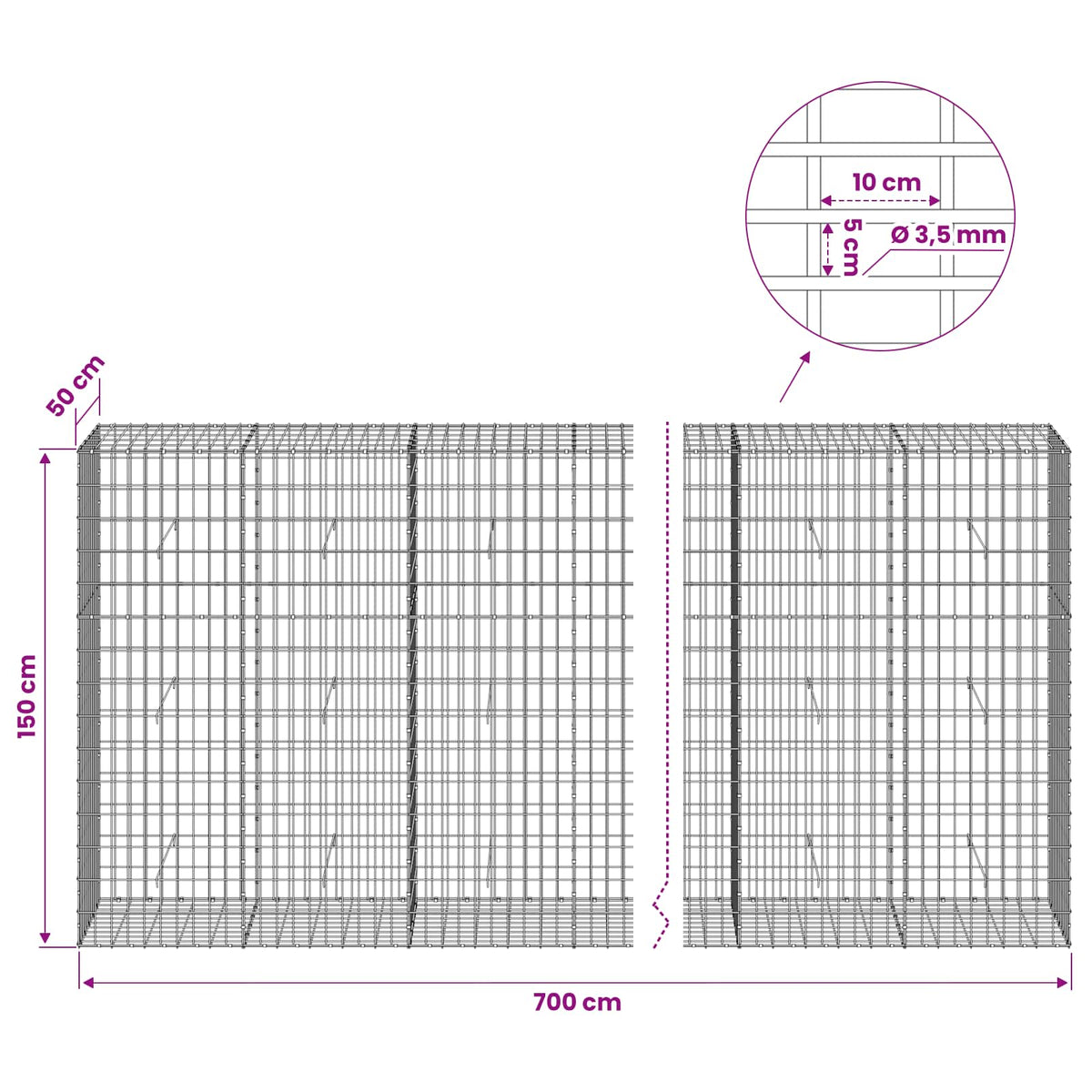 vidaXL Gabion z drutu 3,5 mm i siatką 5x10 cm 700x50x150 cm