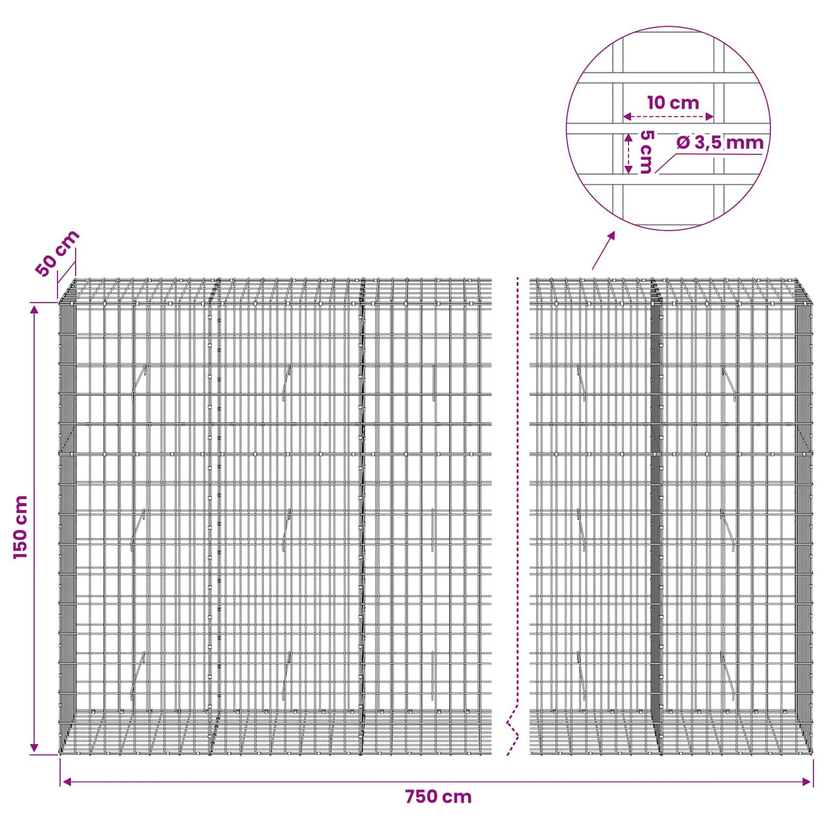 vidaXL Gabion z drutu 3,5 mm i siatką 5x10 cm 750x50x150 cm