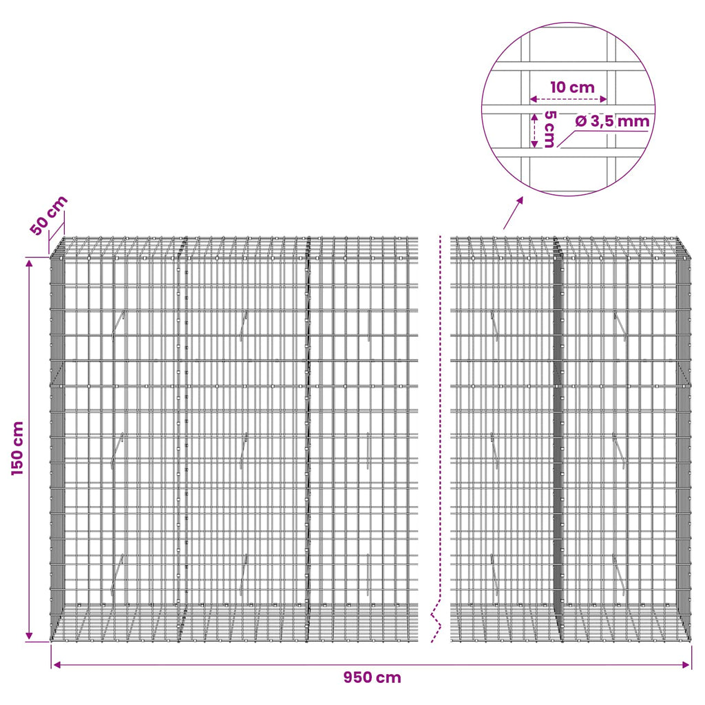 vidaXL Gabion z drutu 3,5 mm i siatką 5x10 cm 950x50x150 cm