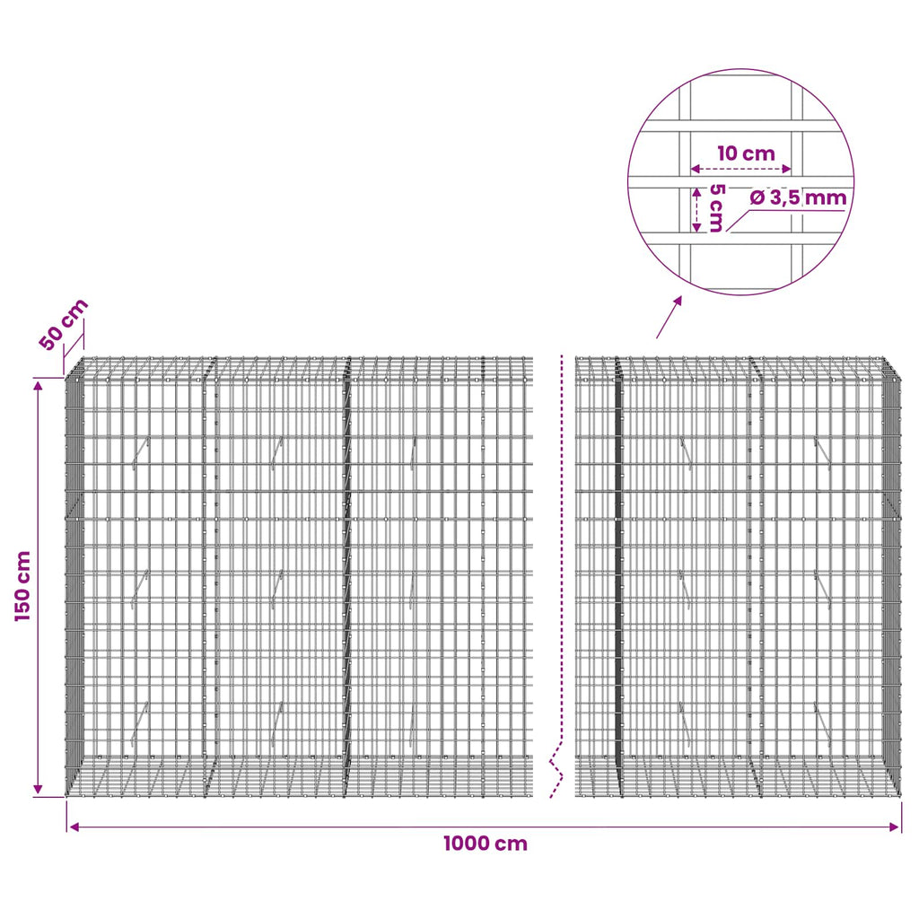 vidaXL Gabion z drutu 3,5 mm i siatką 5x10 cm 1000x50x150 cm