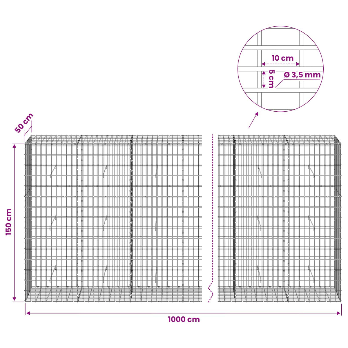 vidaXL Gabion z drutu 3,5 mm i siatką 5x10 cm 1000x50x150 cm