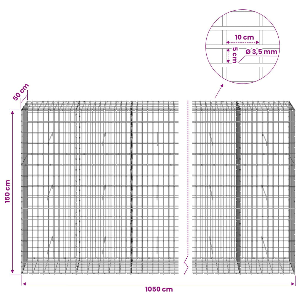 vidaXL Gabion z drutu 3,5 mm i siatką 5x10 cm 1050x50x150 cm