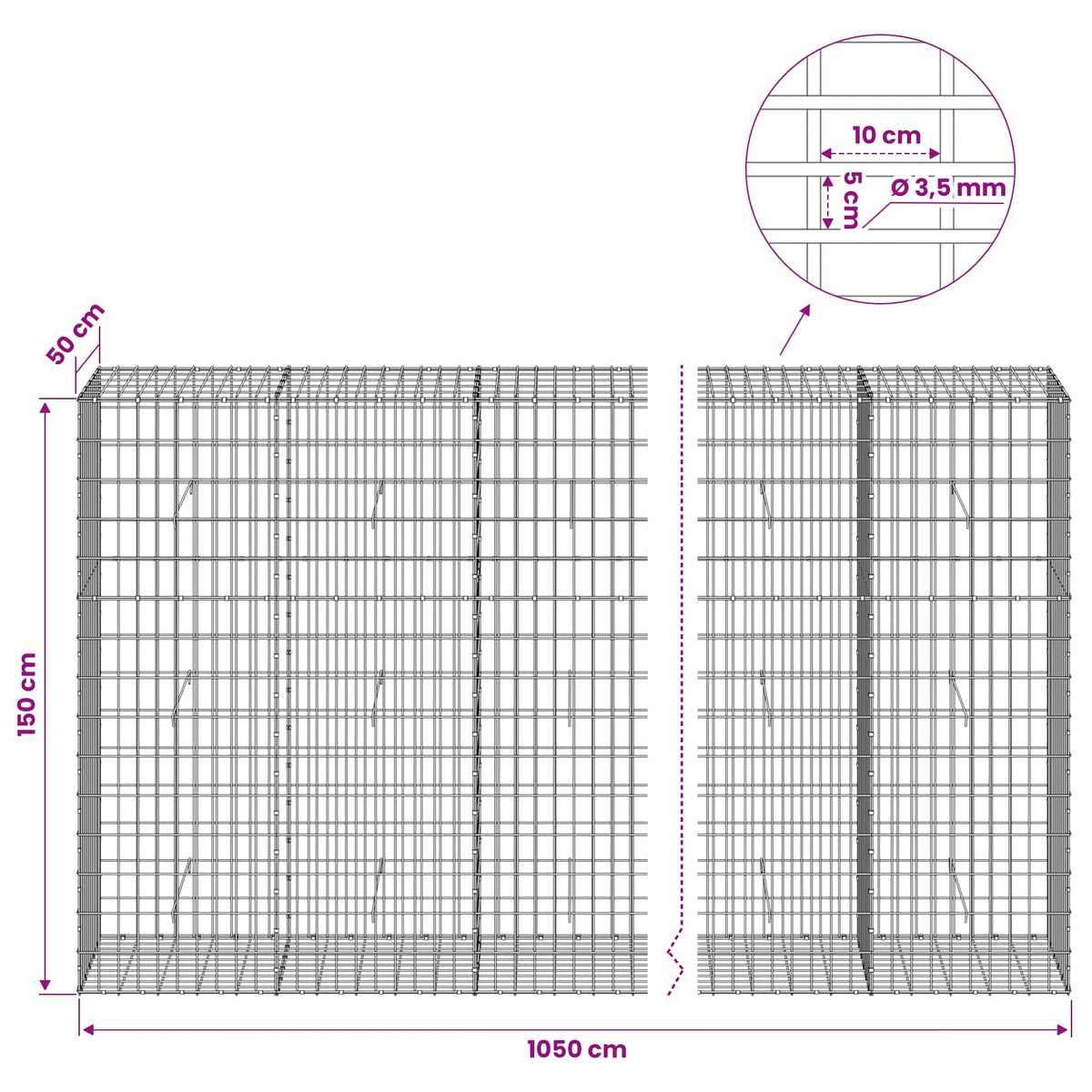 vidaXL Gabion z drutu 3,5 mm i siatką 5x10 cm 1050x50x150 cm