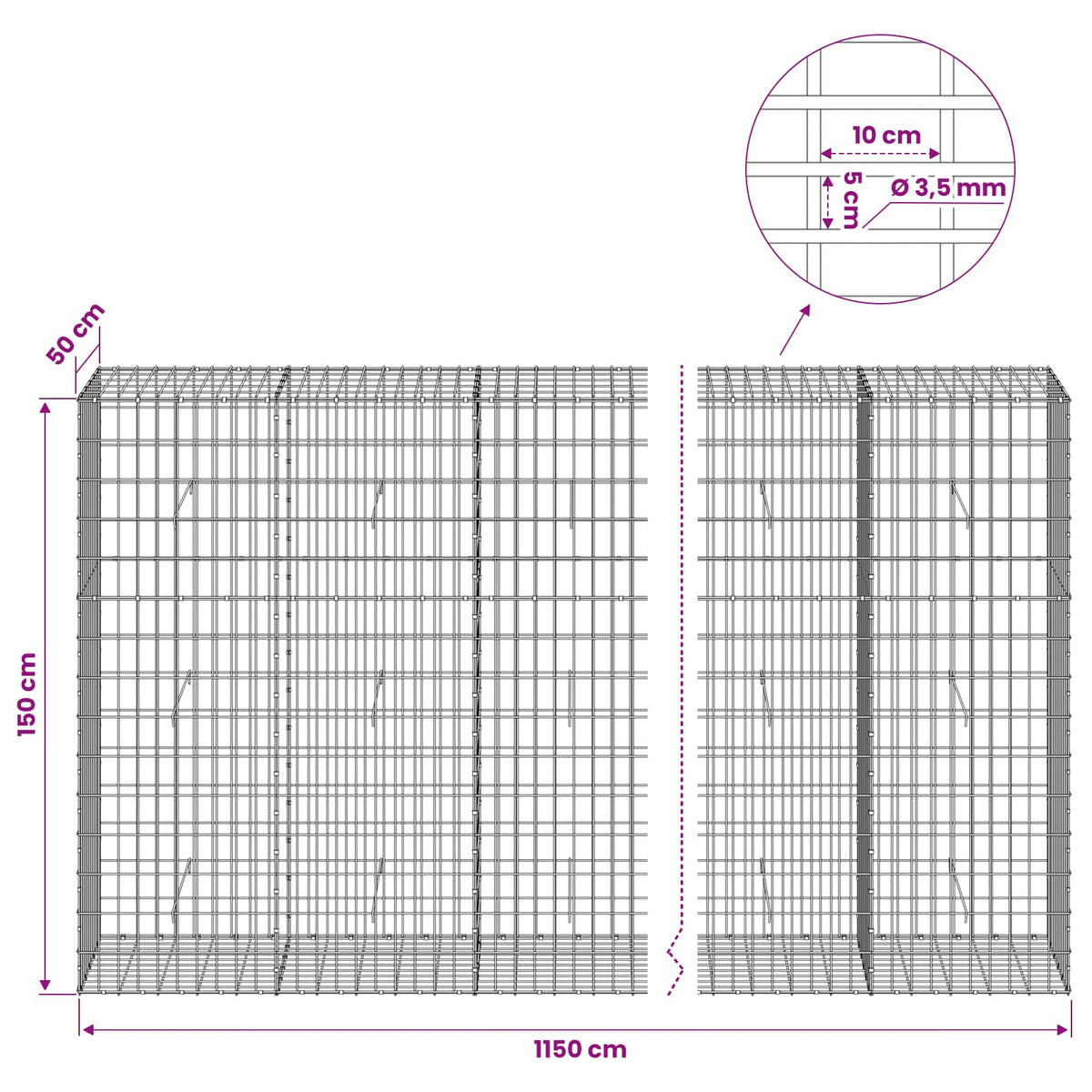 vidaXL Gabion z drutu 3,5 mm i siatką 5x10 cm 1150x50x150 cm