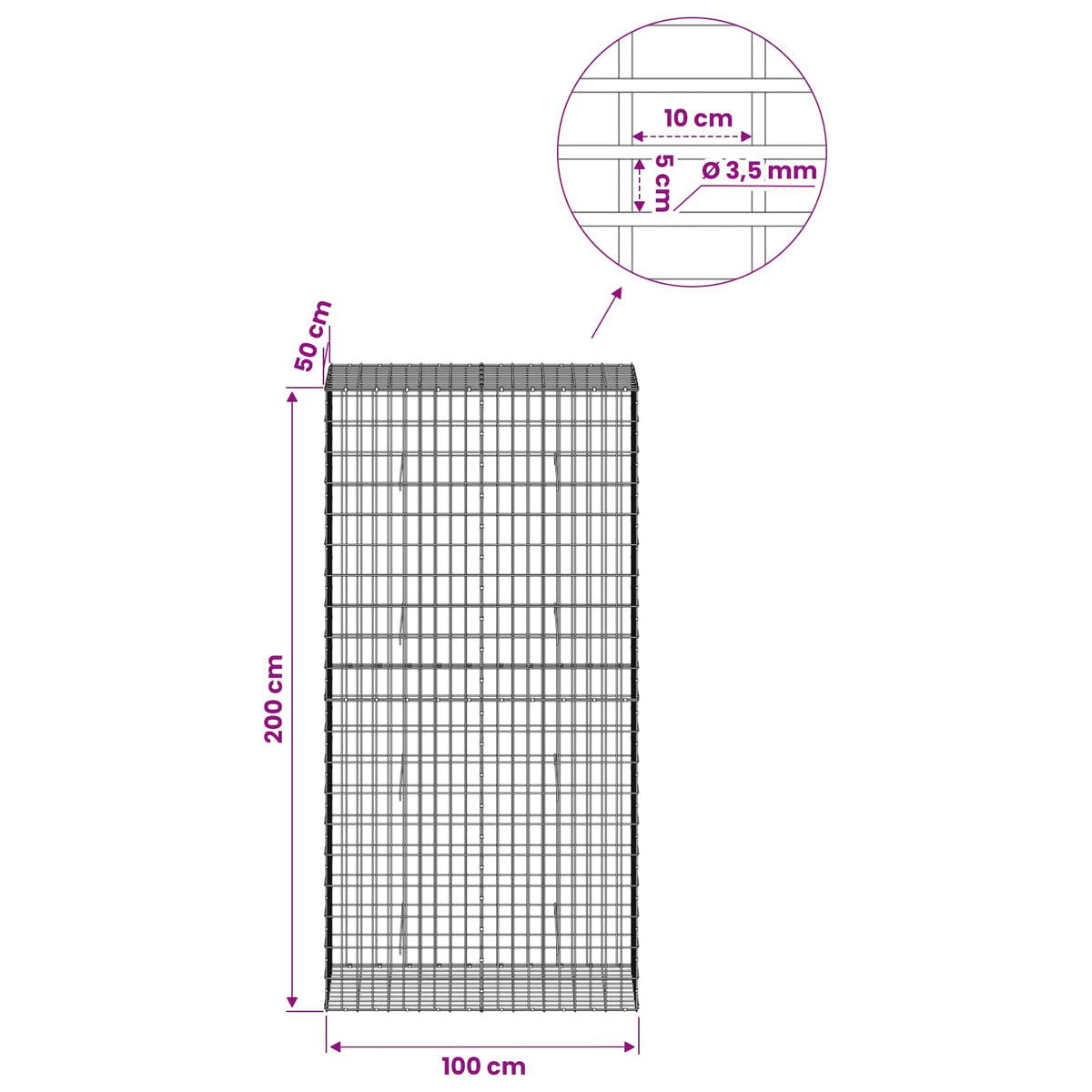 vidaXL Gabion z drutu 3,5 mm i siatką 5x10 cm 100x50x200 cm