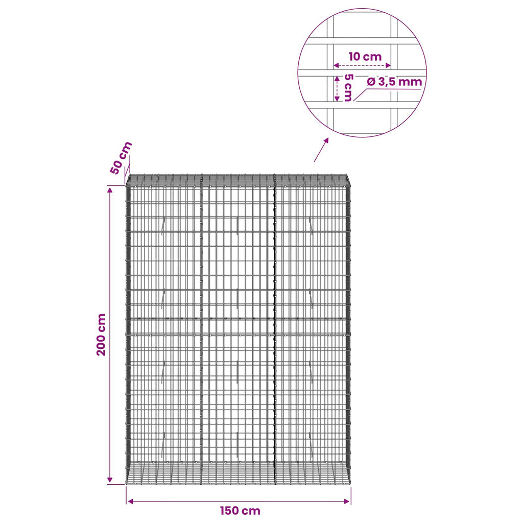 vidaXL Gabion z drutu 3,5 mm i siatką 5x10 cm 150x50x200 cm
