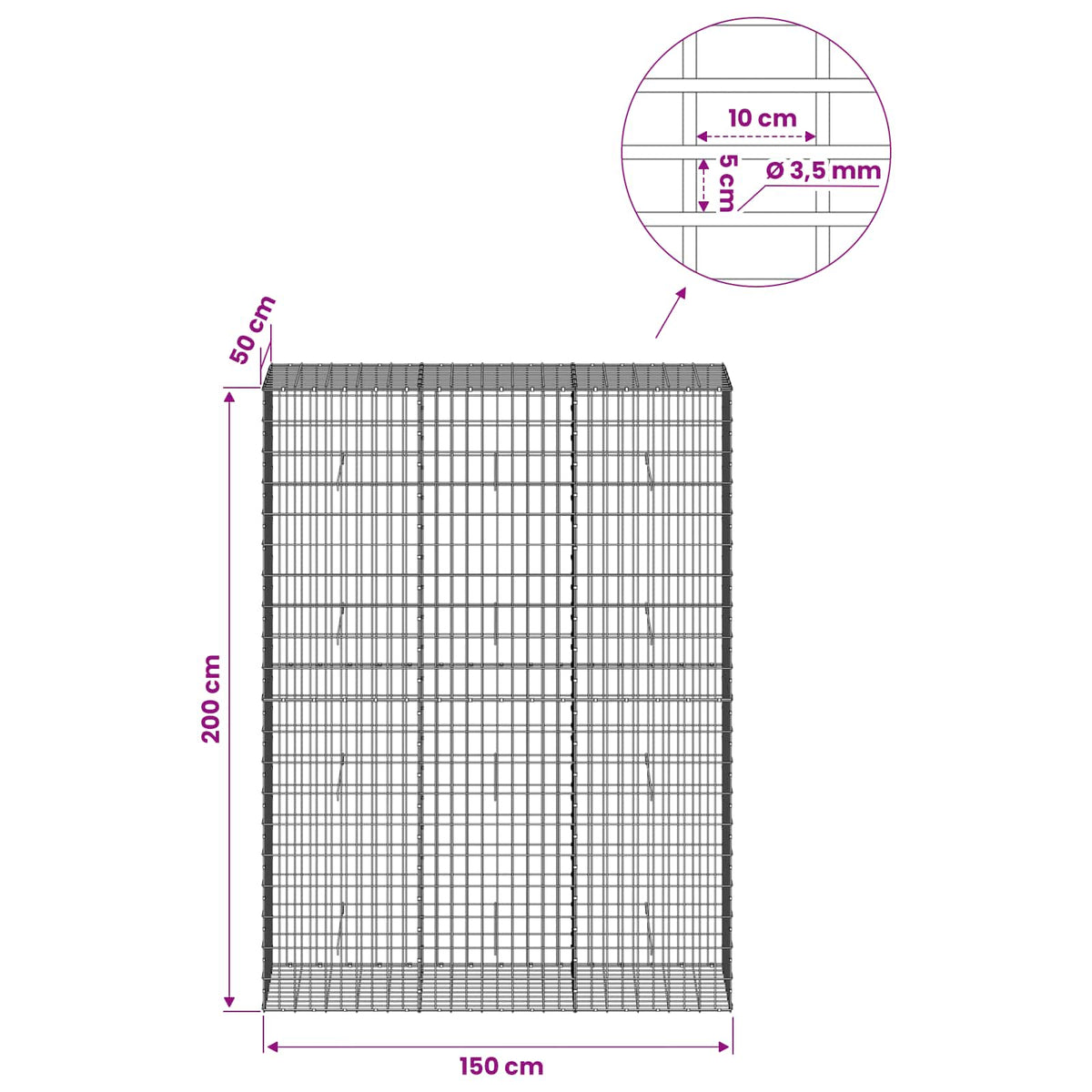vidaXL Gabion z drutu 3,5 mm i siatką 5x10 cm 150x50x200 cm