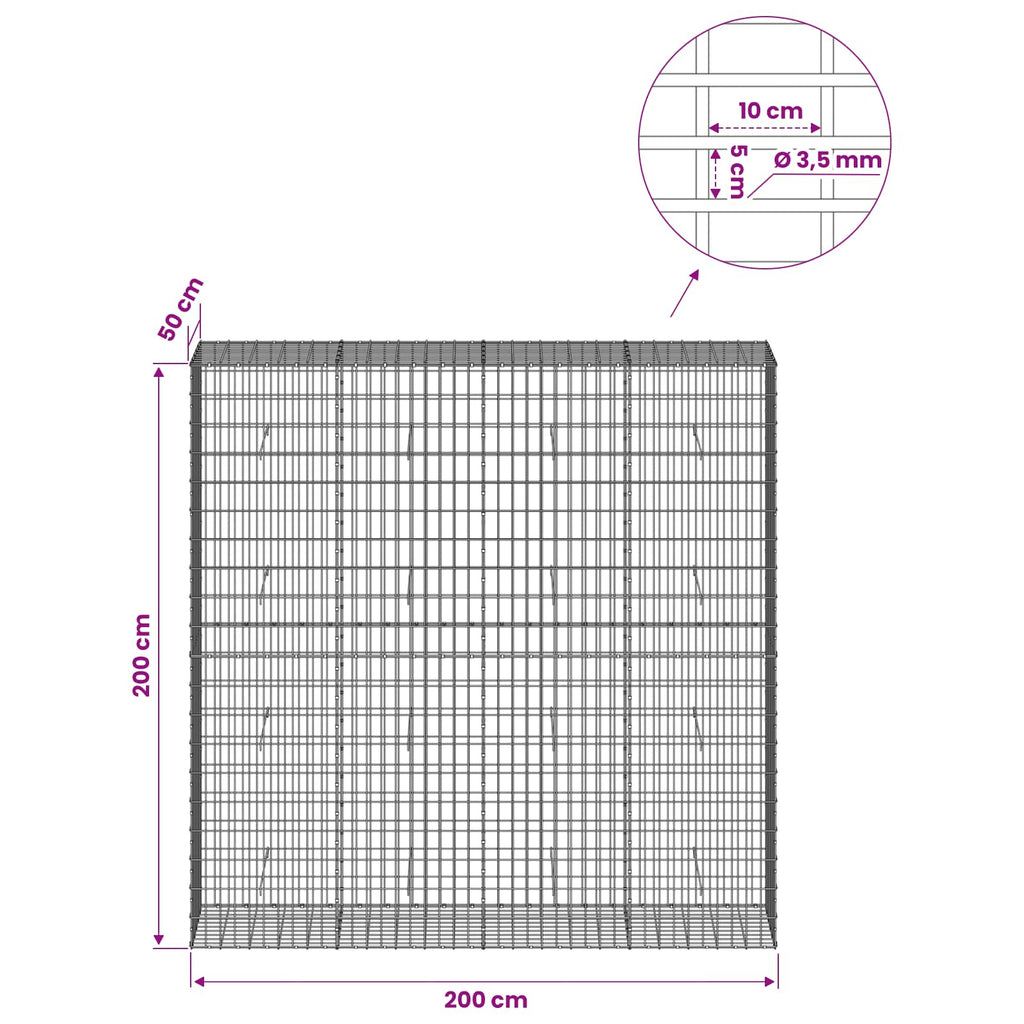 vidaXL Gabion z drutu 3,5 mm i siatką 5x10 cm 200x50x200 cm