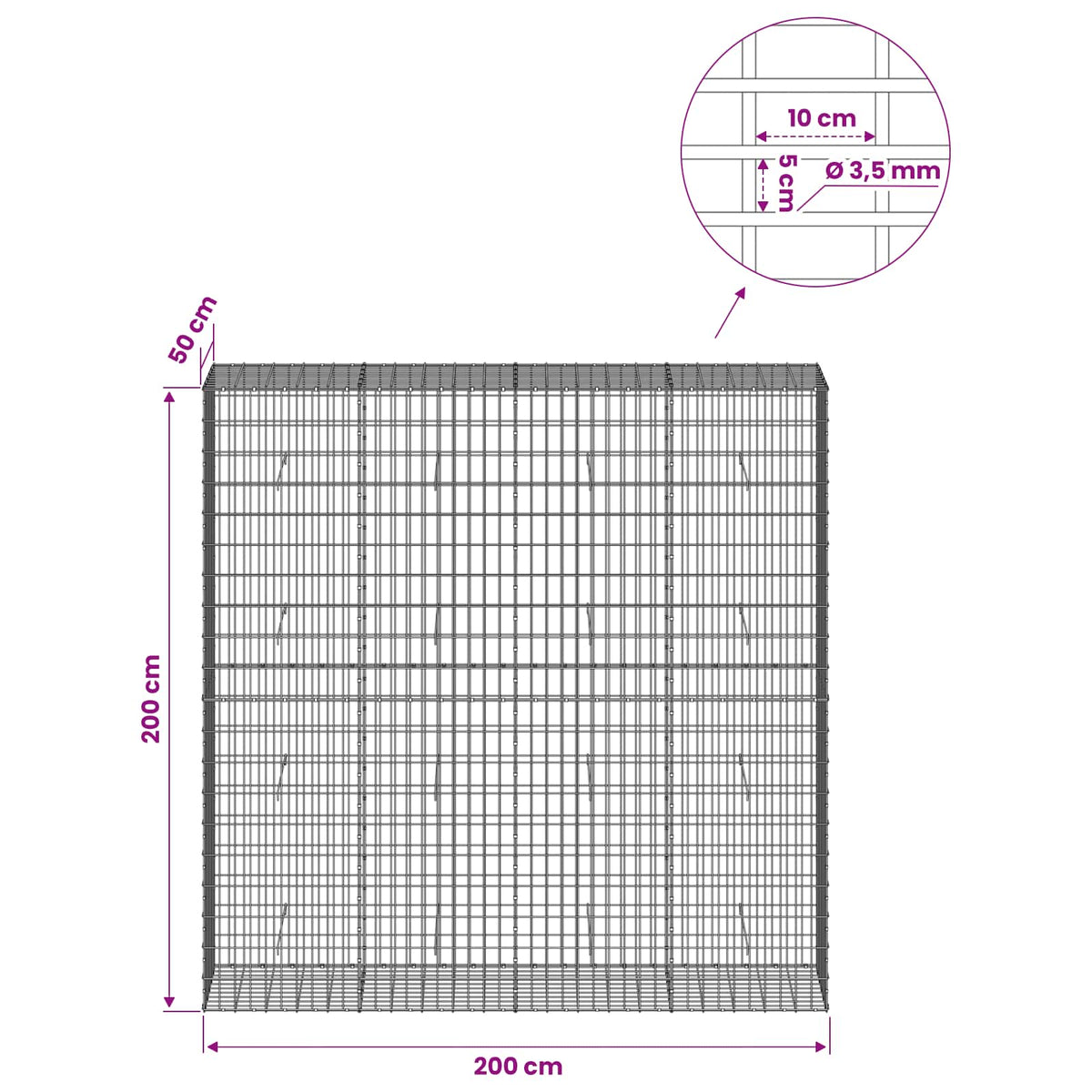 vidaXL Gabion z drutu 3,5 mm i siatką 5x10 cm 200x50x200 cm