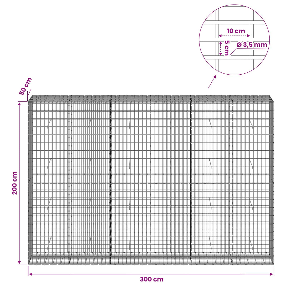 vidaXL Gabion z drutu 3,5 mm i siatką 5x10 cm 300x50x200 cm