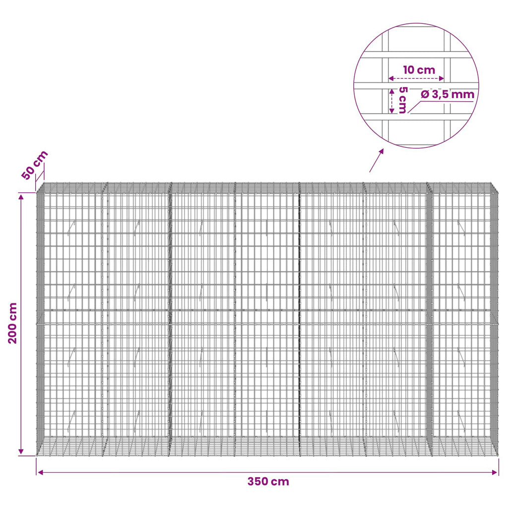 vidaXL Gabion z drutu 3,5 mm i siatką 5x10 cm 350x50x200 cm
