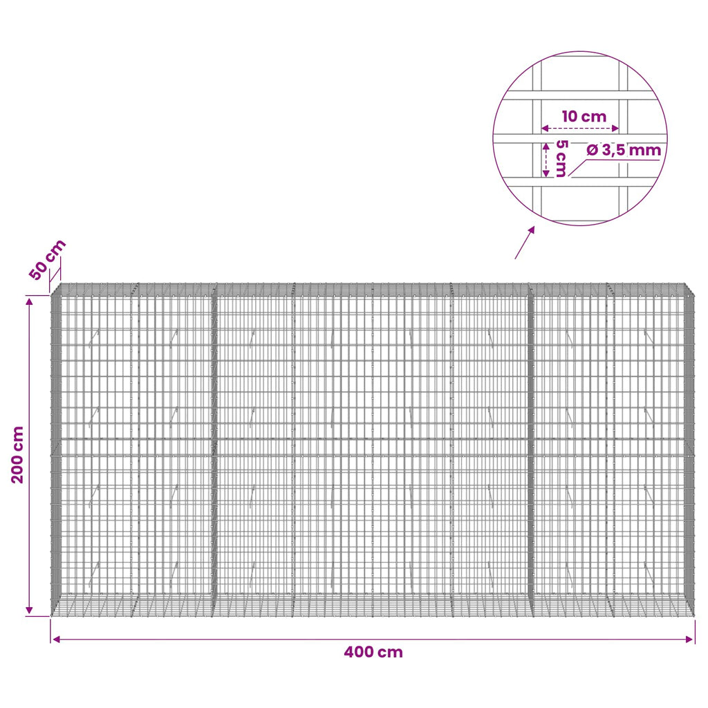 vidaXL Gabion z drutu 3,5 mm i siatką 5x10 cm 400x50x200 cm