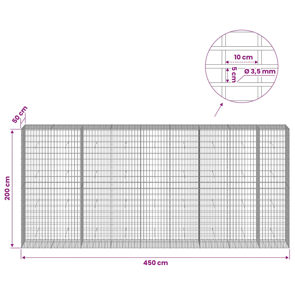vidaXL Gabion z drutu 3,5 mm i siatką 5x10 cm 450x50x200 cm