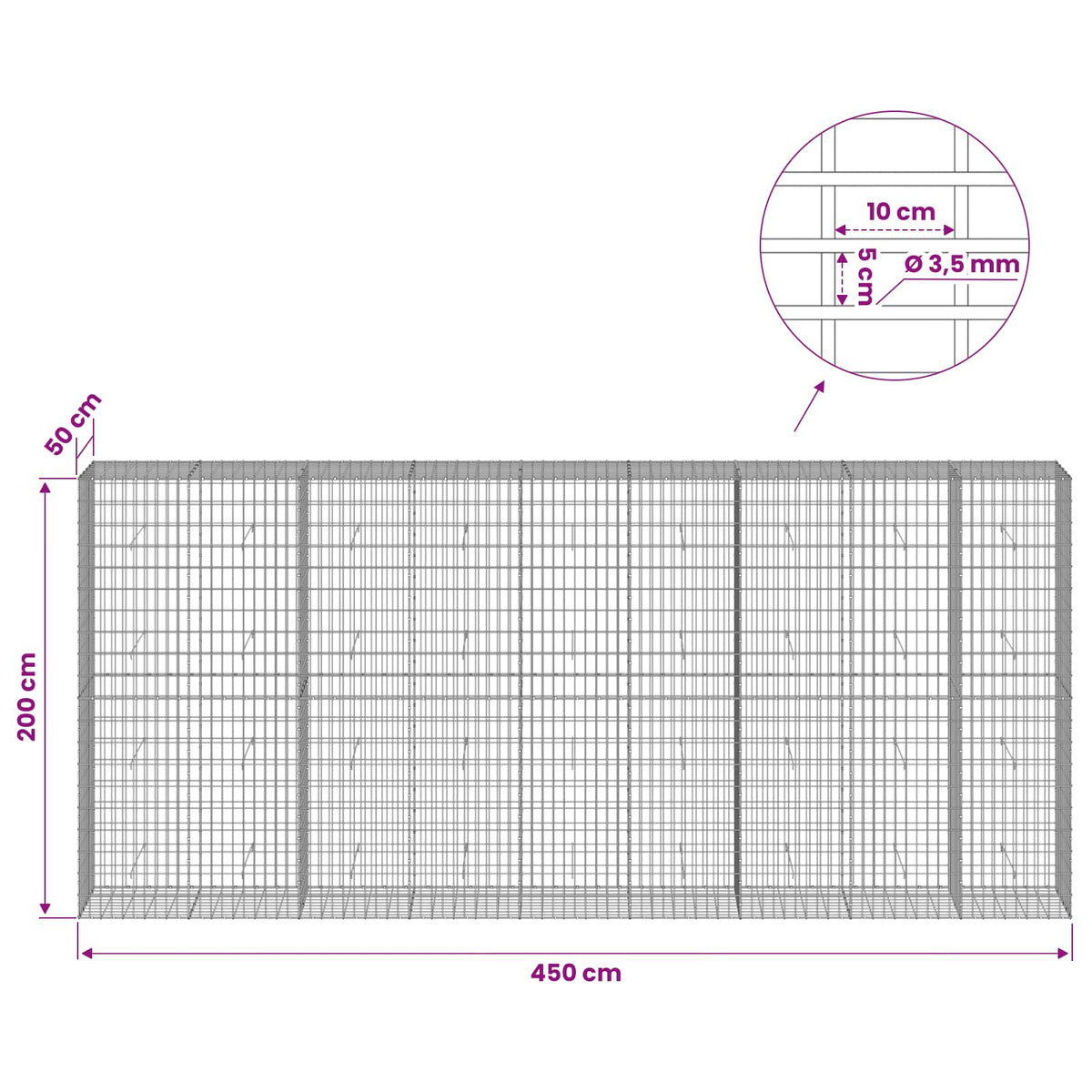 vidaXL Gabion z drutu 3,5 mm i siatką 5x10 cm 450x50x200 cm