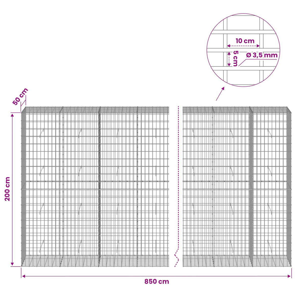 vidaXL Gabion z drutu 3,5 mm i siatką 5x10 cm 850x50x200 cm