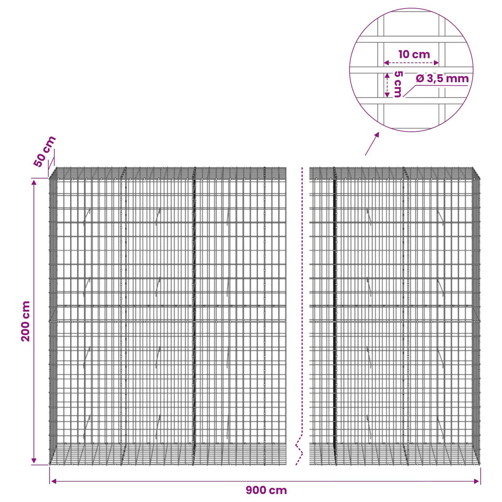 vidaXL Gabion z drutu 3,5 mm i siatką 5x10 cm 900x50x200 cm