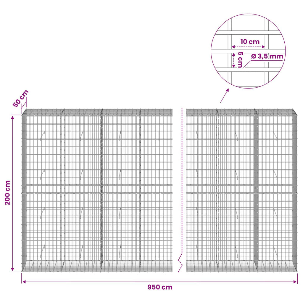 vidaXL Gabion z drutu 3,5 mm i siatką 5x10 cm 950x50x200 cm