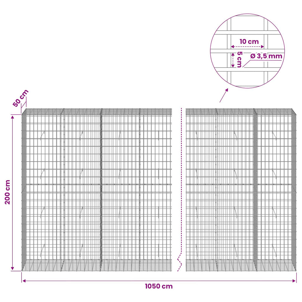 vidaXL Gabion z drutu 3,5 mm i siatką 5x10 cm 1050x50x200 cm
