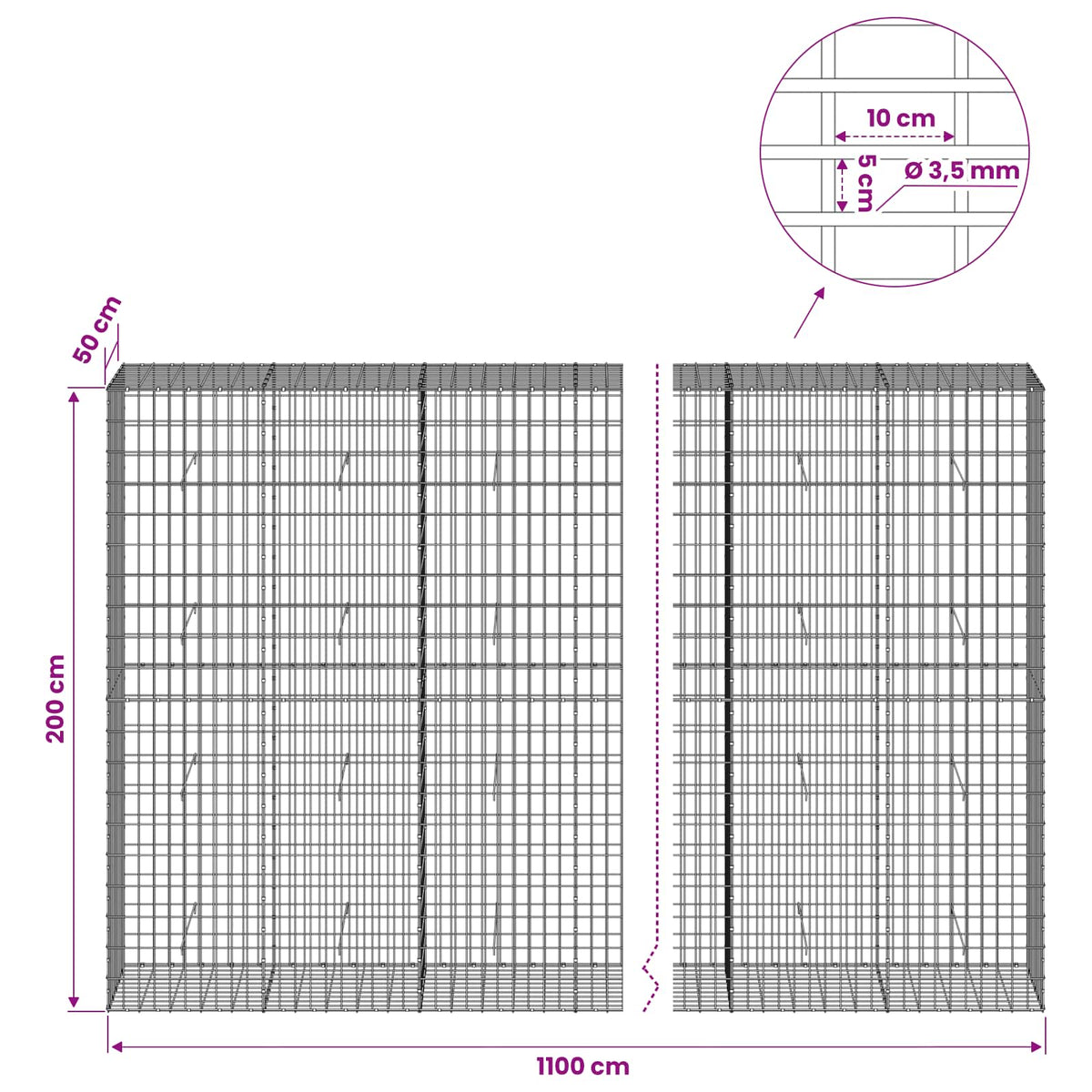 vidaXL Gabion z drutu 3,5 mm i siatką 5x10 cm 1100x50x200 cm