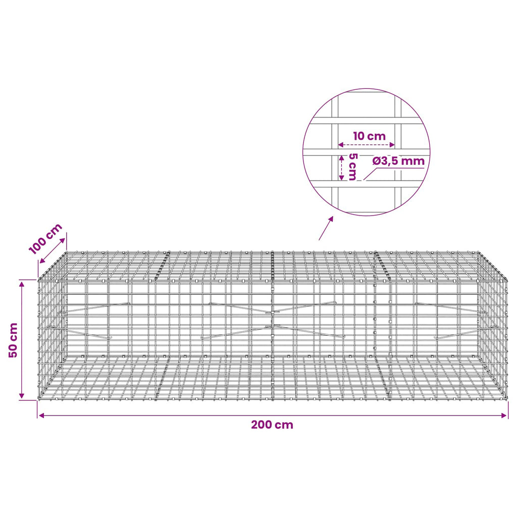 vidaXL Gabion z drutu 3,5 mm i siatką 5x10 cm 200x100x50 cm