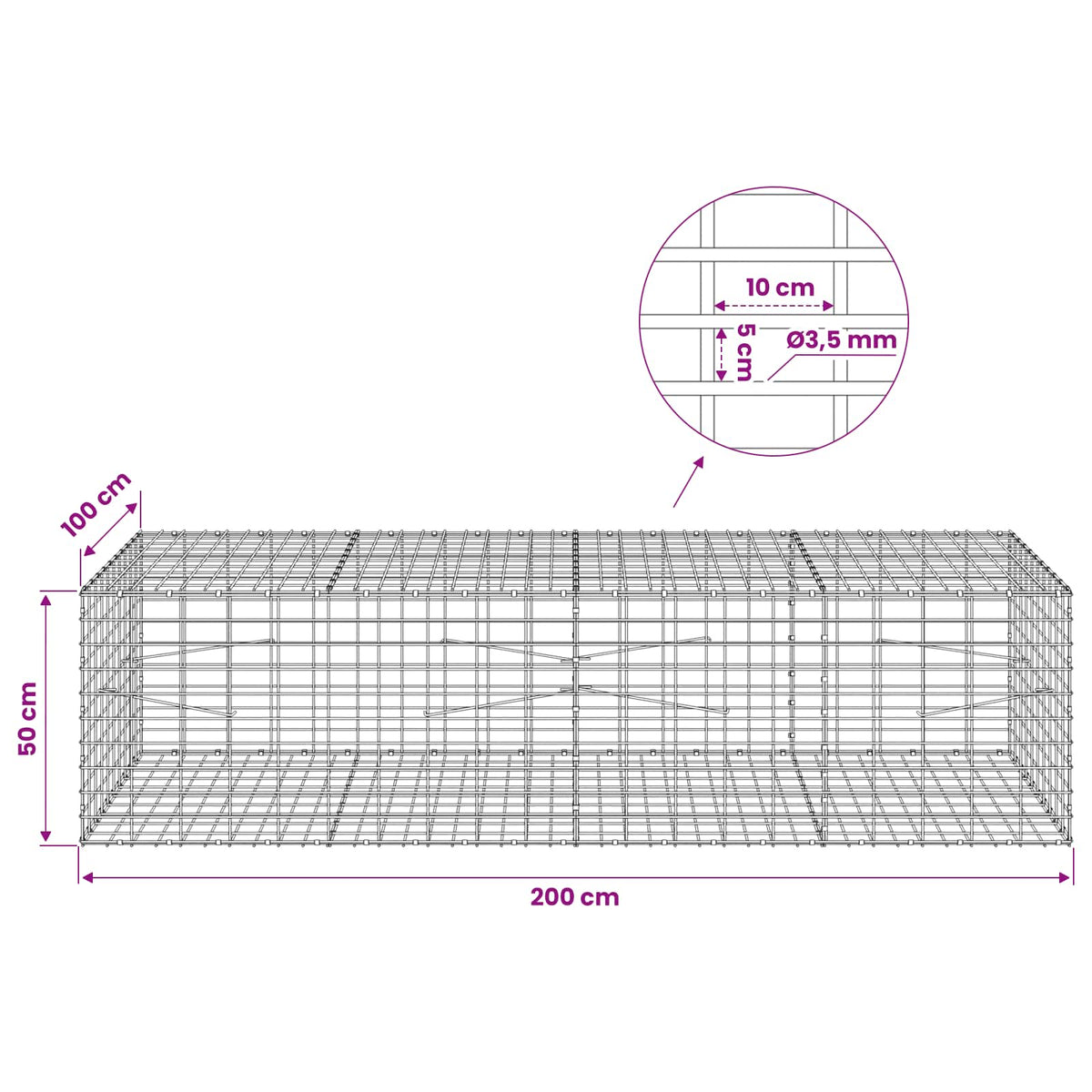 vidaXL Gabion z drutu 3,5 mm i siatką 5x10 cm 200x100x50 cm