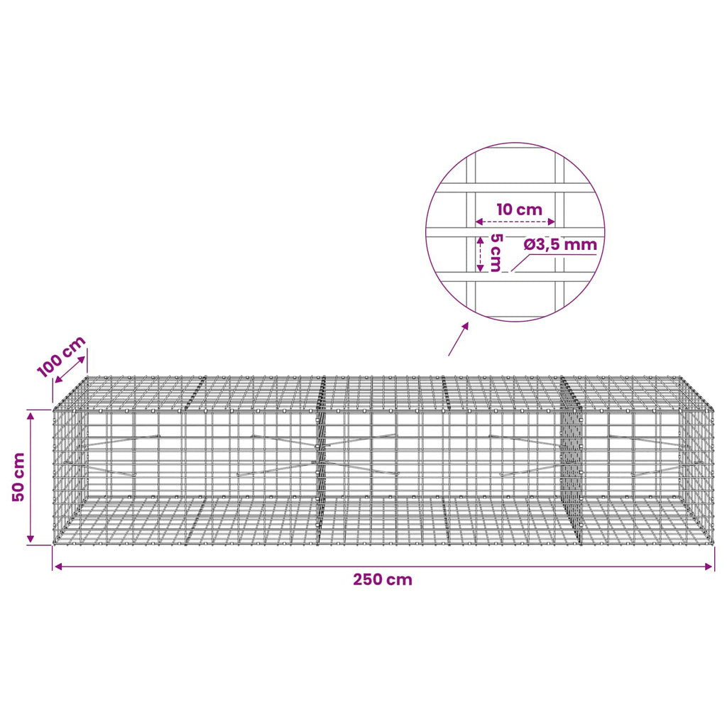 vidaXL Gabion z drutu 3,5 mm i siatką 5x10 cm 250x100x50 cm