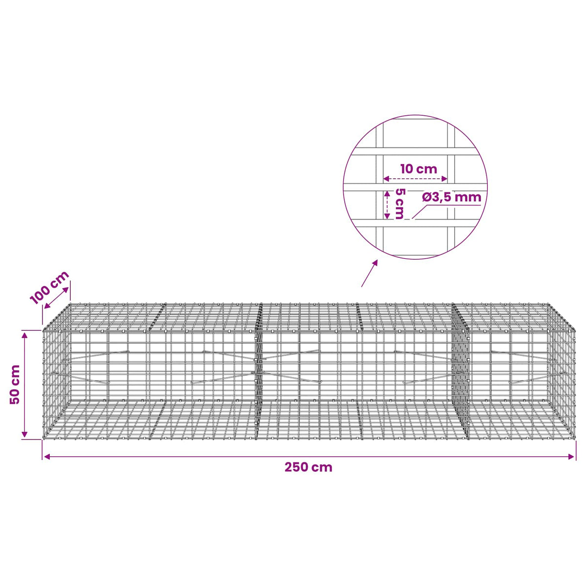 vidaXL Gabion z drutu 3,5 mm i siatką 5x10 cm 250x100x50 cm