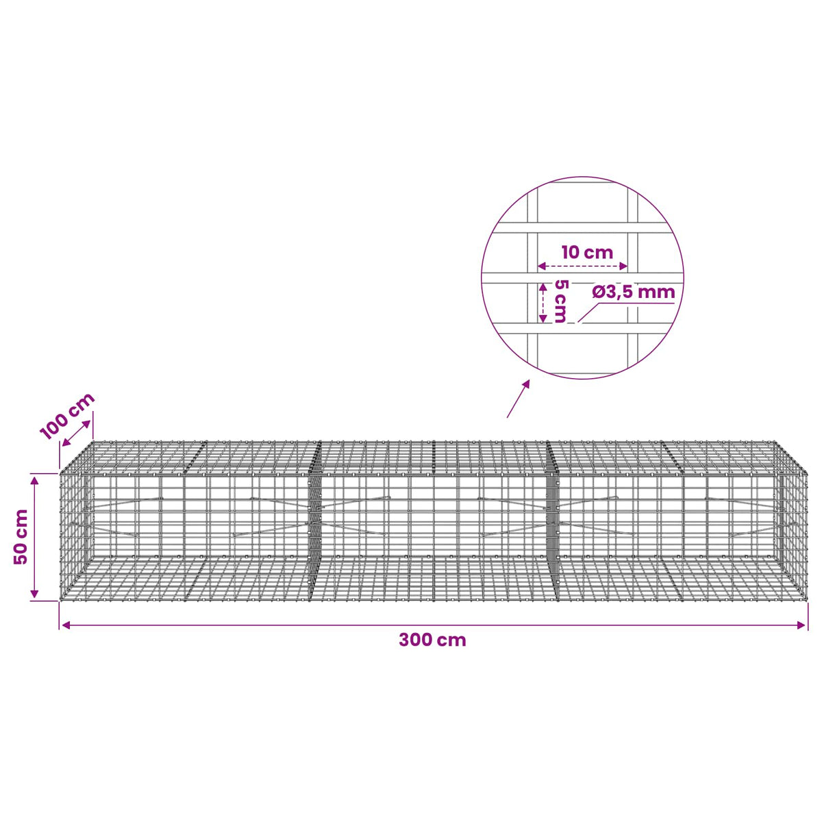 vidaXL Gabion z drutu 3,5 mm i siatką 5x10 cm 300x100x50 cm