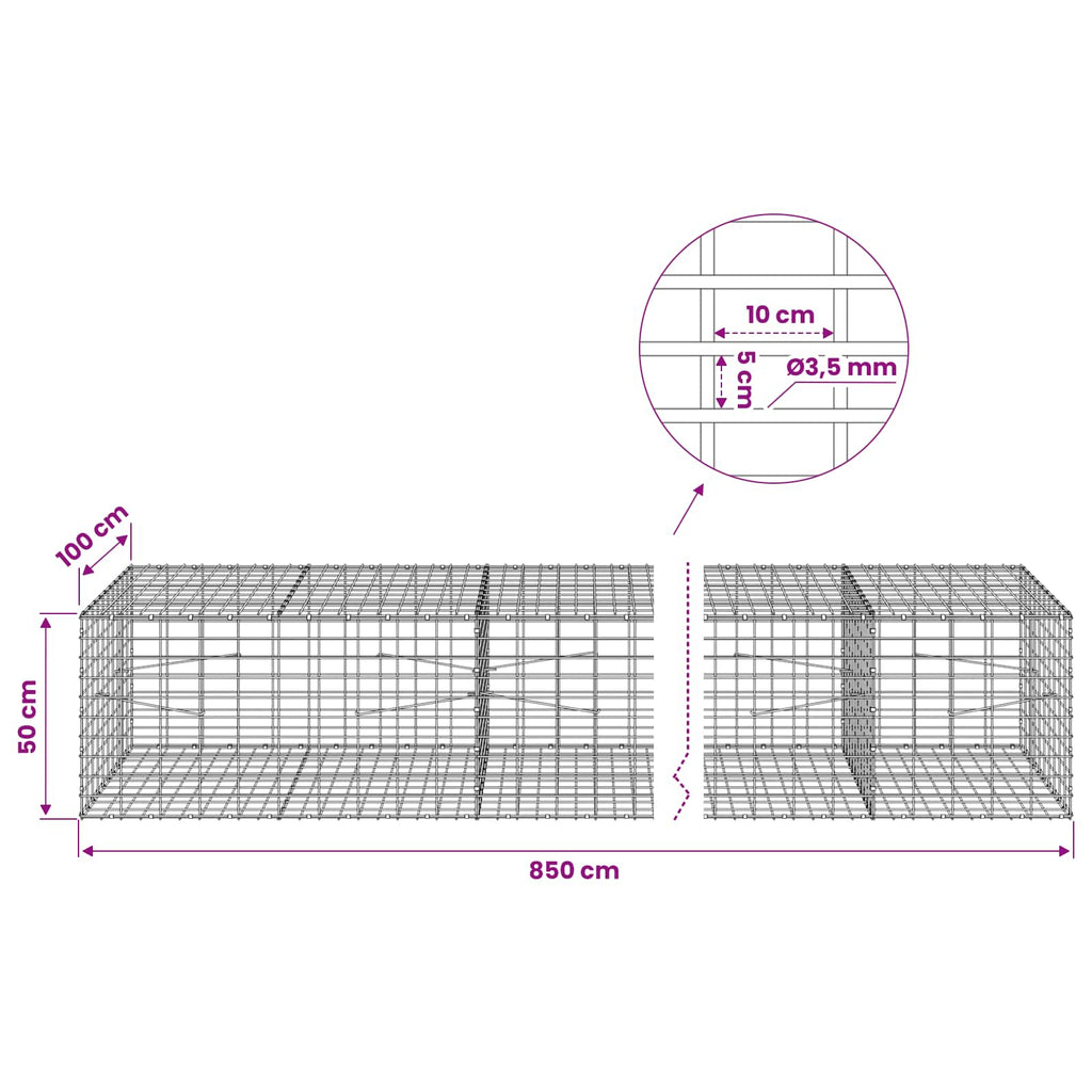 vidaXL Gabion z drutu 3,5 mm i siatką 5x10 cm 850x100x50 cm