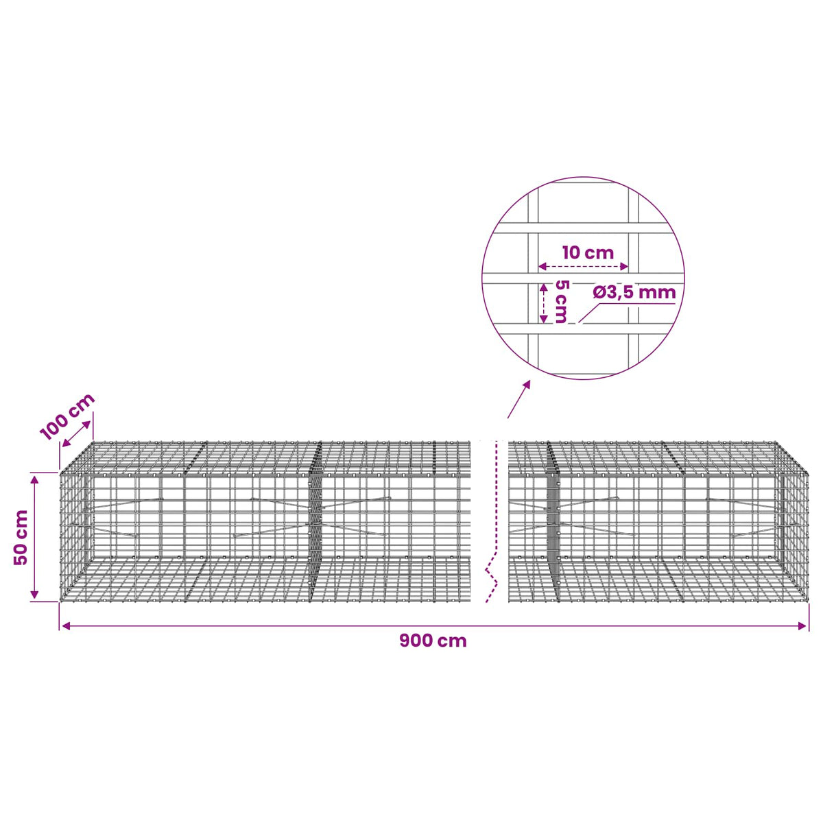 vidaXL Gabion z drutu 3,5 mm i siatką 5x10 cm 900x100x50 cm