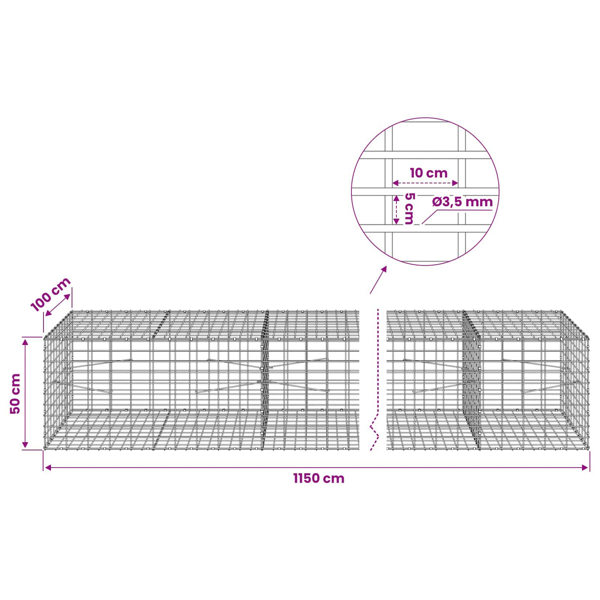 vidaXL Gabion z drutu 3,5 mm i siatką 5x10 cm 1150x100x50 cm