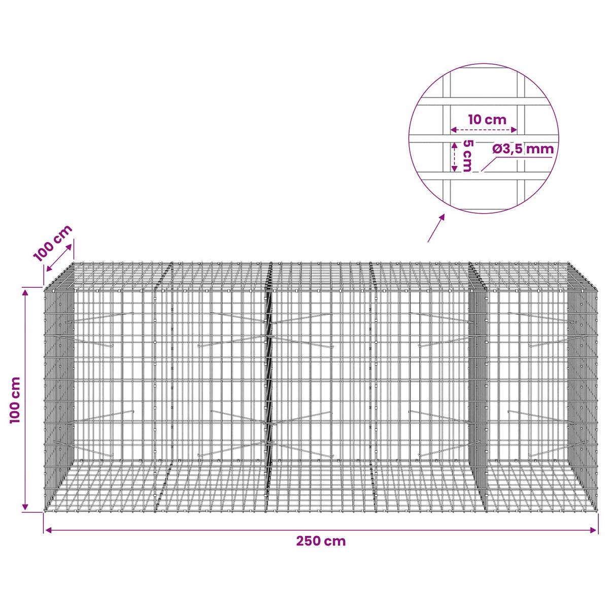 vidaXL Gabion z drutu 3,5 mm i siatką 5x10 cm 250x100x100 cm
