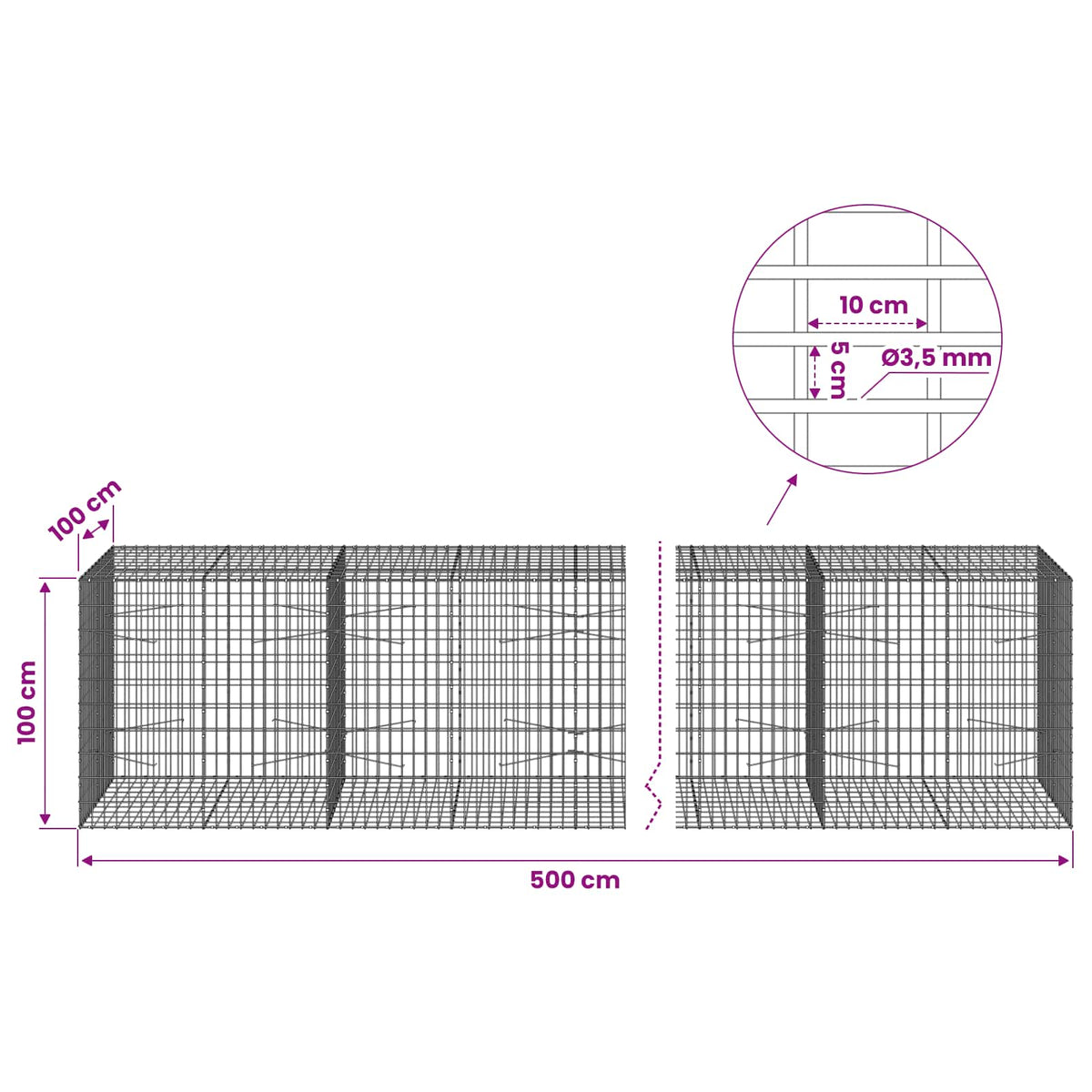 vidaXL Gabion z drutu 3,5 mm i siatką 5x10 cm 500x100x100 cm
