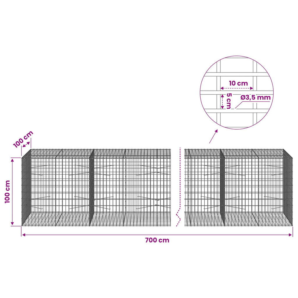 vidaXL Gabion z drutu 3,5 mm i siatką 5x10 cm 700x100x100 cm