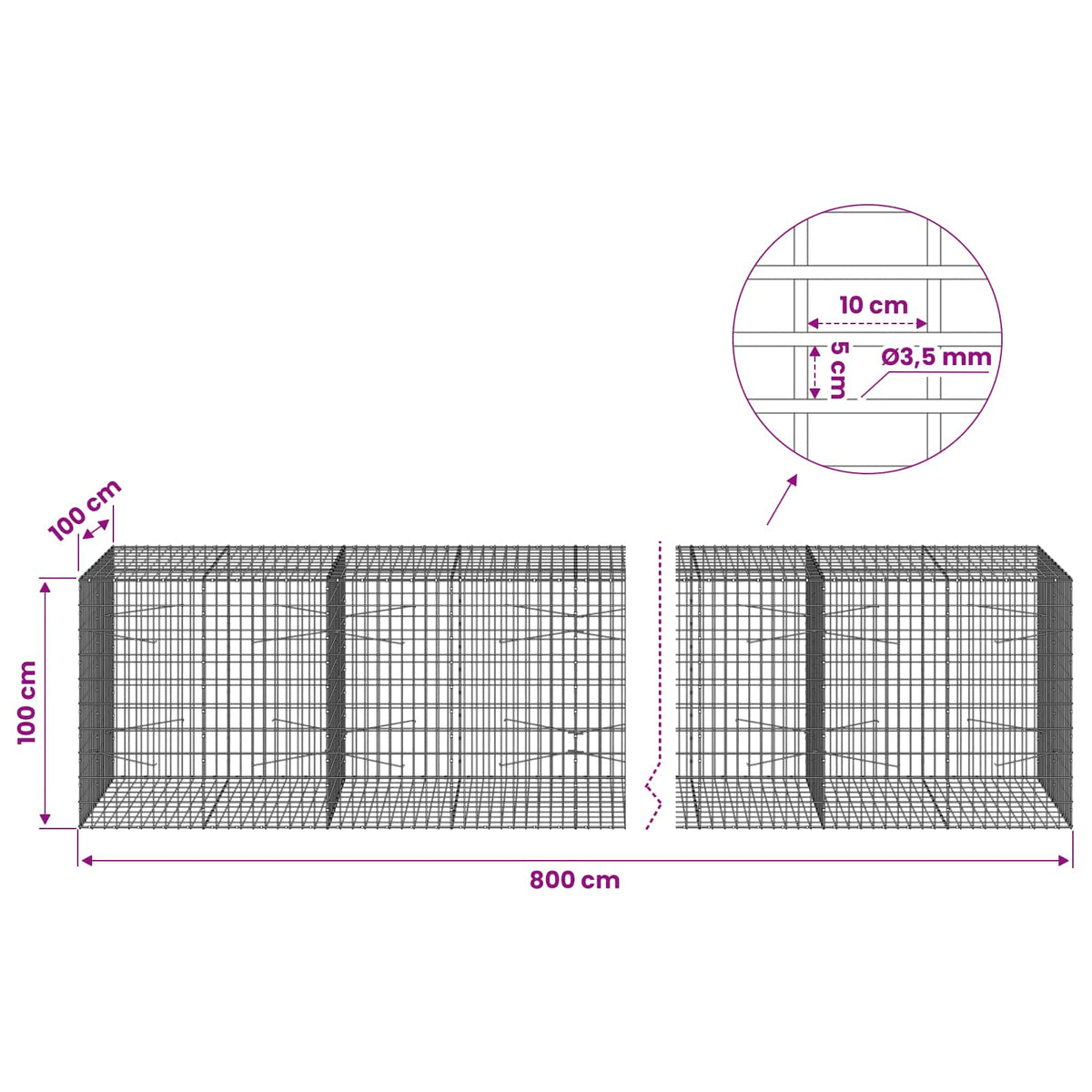 vidaXL Gabion z drutu 3,5 mm i siatką 5x10 cm 800x100x100 cm