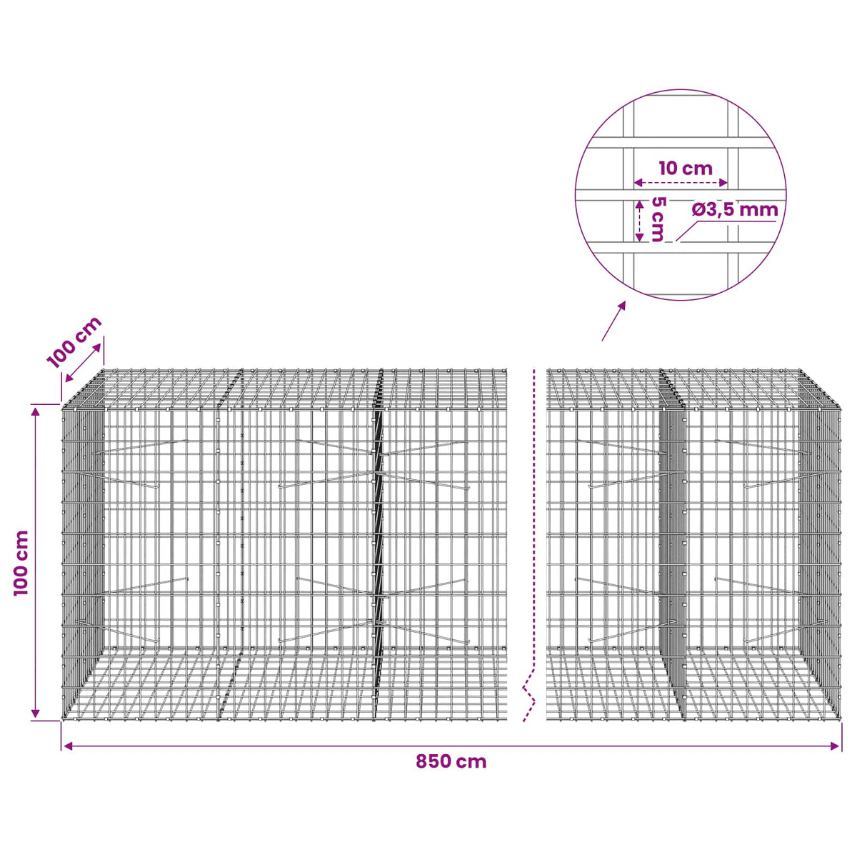 vidaXL Gabion z drutu 3,5 mm i siatką 5x10 cm 850x100x100 cm