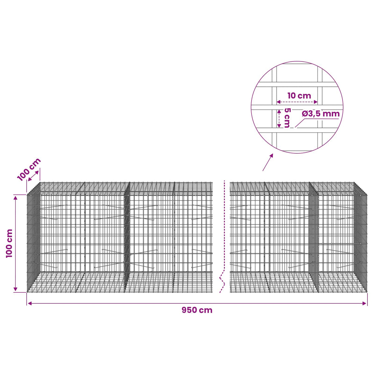 vidaXL Gabion z drutu 3,5 mm i siatką 5x10 cm 950x100x100 cm