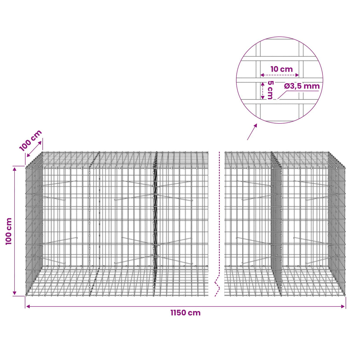 vidaXL Gabion z drutu 3,5 mm i siatką 5x10 cm 1150x100x100 cm