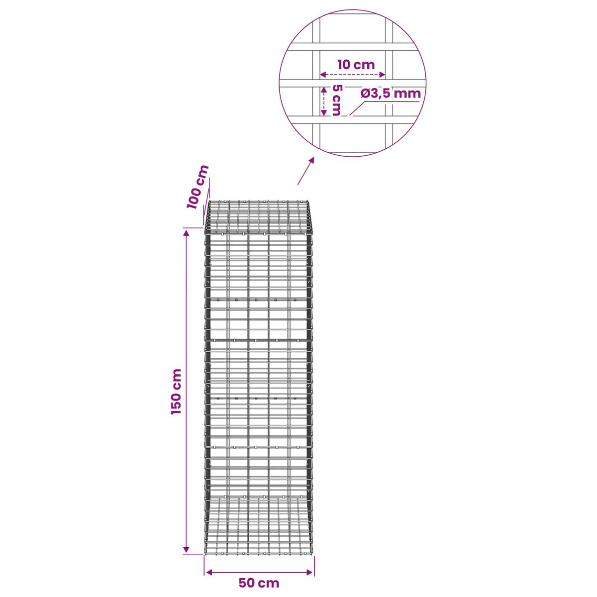 vidaXL Gabion z drutu 3,5 mm i siatką 5x10 cm 50x100x150 cm