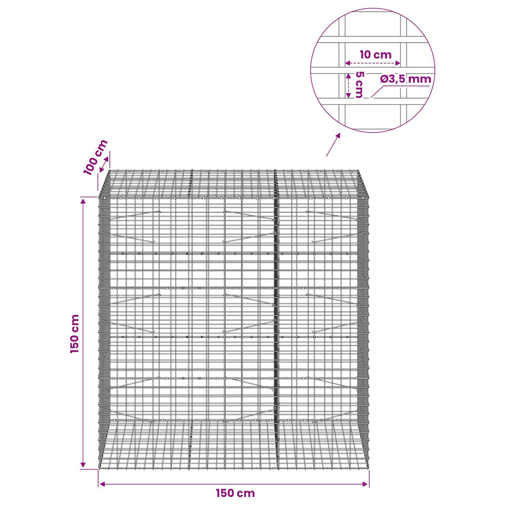 vidaXL Gabion z drutu 3,5 mm i siatką 5x10 cm 150x100x150 cm