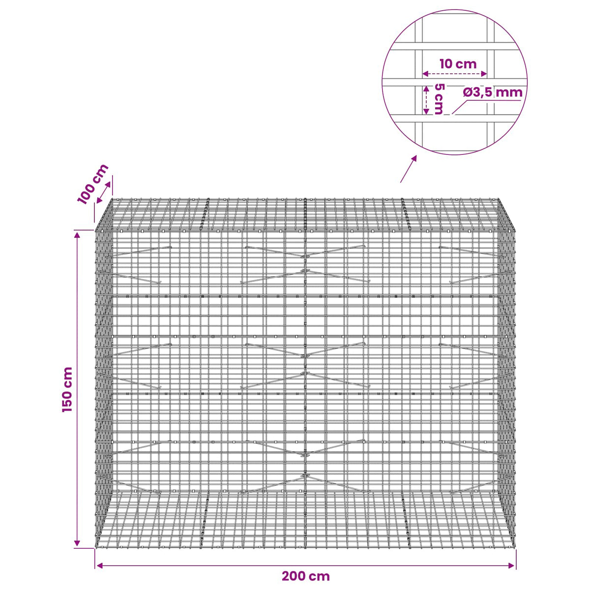 vidaXL Gabion z drutu 3,5 mm i siatką 5x10 cm 200x100x150 cm