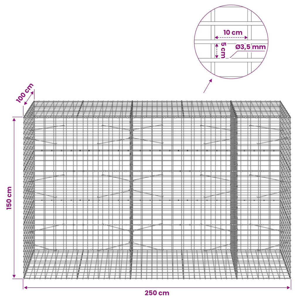 vidaXL Gabion z drutu 3,5 mm i siatką 5x10 cm 250x100x150 cm