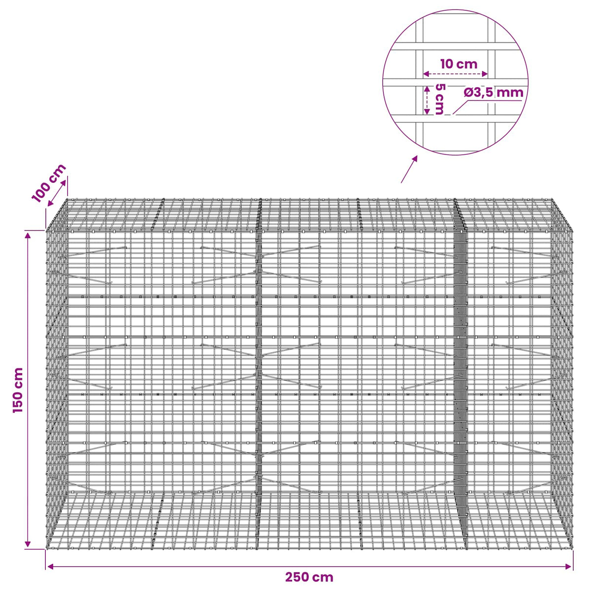 vidaXL Gabion z drutu 3,5 mm i siatką 5x10 cm 250x100x150 cm
