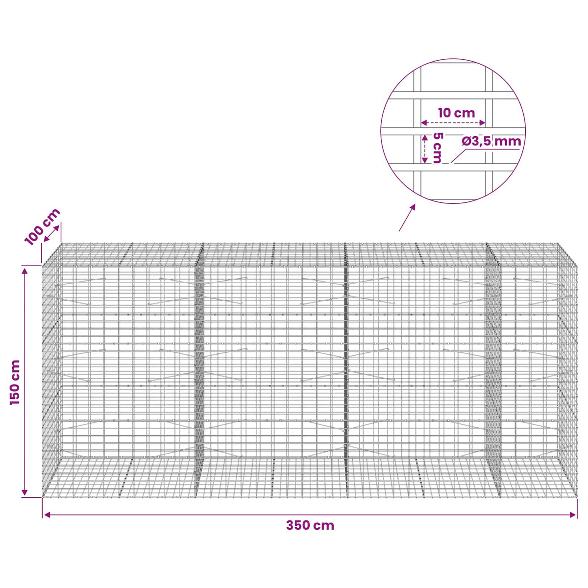 vidaXL Gabion z drutu 3,5 mm i siatką 5x10 cm 350x100x150 cm