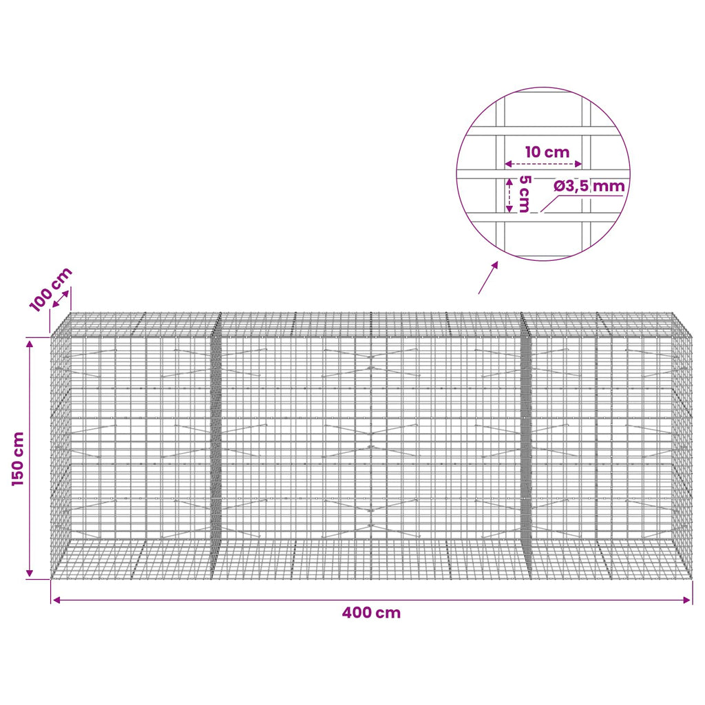 vidaXL Gabion z drutu 3,5 mm i siatką 5x10 cm 400x100x150 cm