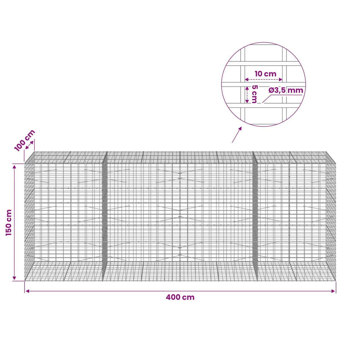 vidaXL Gabion z drutu 3,5 mm i siatką 5x10 cm 400x100x150 cm
