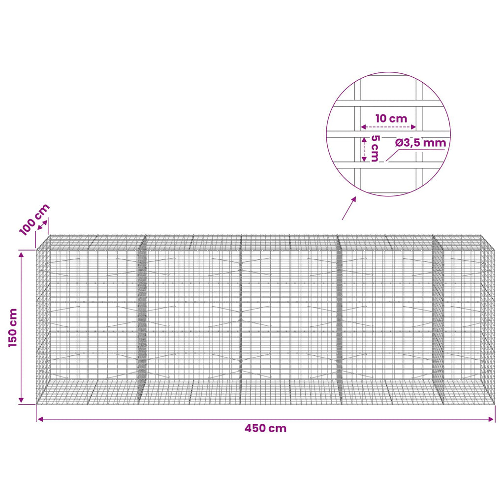 vidaXL Gabion z drutu 3,5 mm i siatką 5x10 cm 450x100x150 cm