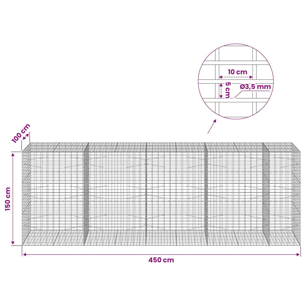 vidaXL Gabion z drutu 3,5 mm i siatką 5x10 cm 450x100x150 cm