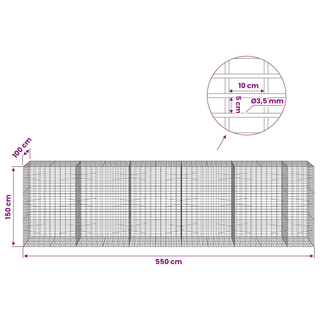 vidaXL Gabion z drutu 3,5 mm i siatką 5x10 cm 550x100x150 cm